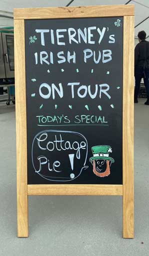 A-board showing Tierney's Irish Pub on tour for Events & Corporate Catering in Netherlands